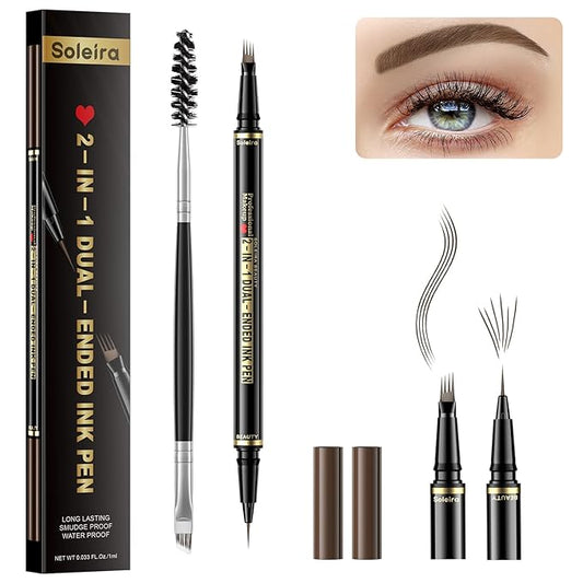 Eyebrow Pen, Soleira Waterproof Eyebrow Pencil with 4 Tip Microblading Eyebrow Pen and Dual-ended Eyebrow Brush, for Natural-Looking Brows, Long-Lasting, Ash Brown
