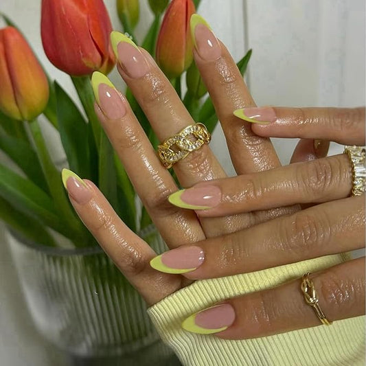 30Pcs Neon Green French Tip Press on Nails Short Almond Nails Press ons, Short Fake Nails Almond Shaped Acrylic French Glue on Nails False Nail for Women, Natural Stiletto Nail 15 Sizes