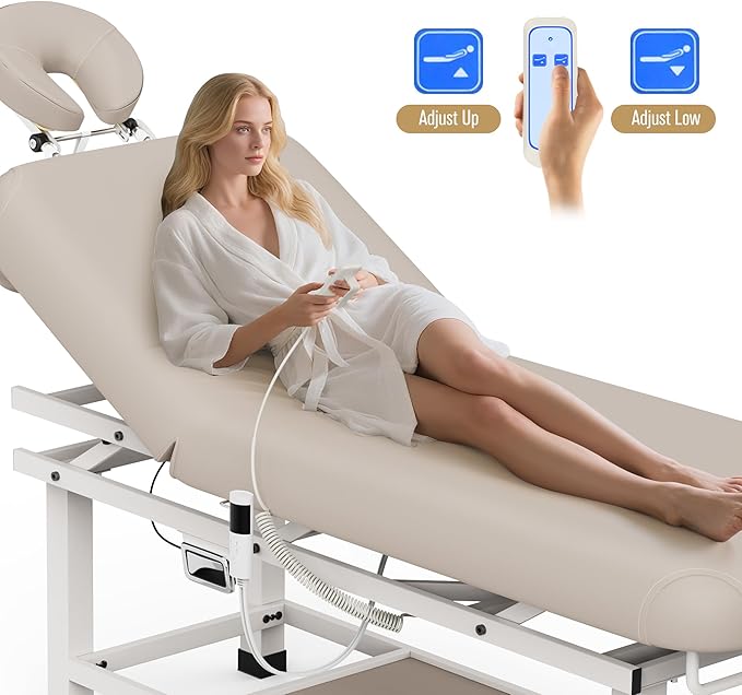 pouseayar Heating Function Heavy Duty Electric Stationary Massage Table with Backrest Adjustable and Storage Space for Treatment/Medical Spa/Facial/Beauty/Massage Bed - 30 x 75 - Beige Gray