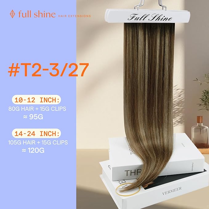 Full Shine Clip on Hair Extensions Human Hair Balayage Dark Brown to Caramel Blonde Ombre Clip in Hair Extensions for Short Hair 12 Inch 7 Pcs 95 G