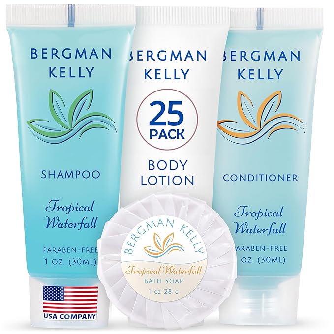 BERGMAN KELLY Hotel Toiletries Bundle (Tropical Waterfall, 1 oz each, 100 Pieces) 4-Piece Set: 25 Round Bar Soap, 25 Shampoo, 25 Conditioner & 25 Body Lotion - Bulk Mini Guest Amenities Supply