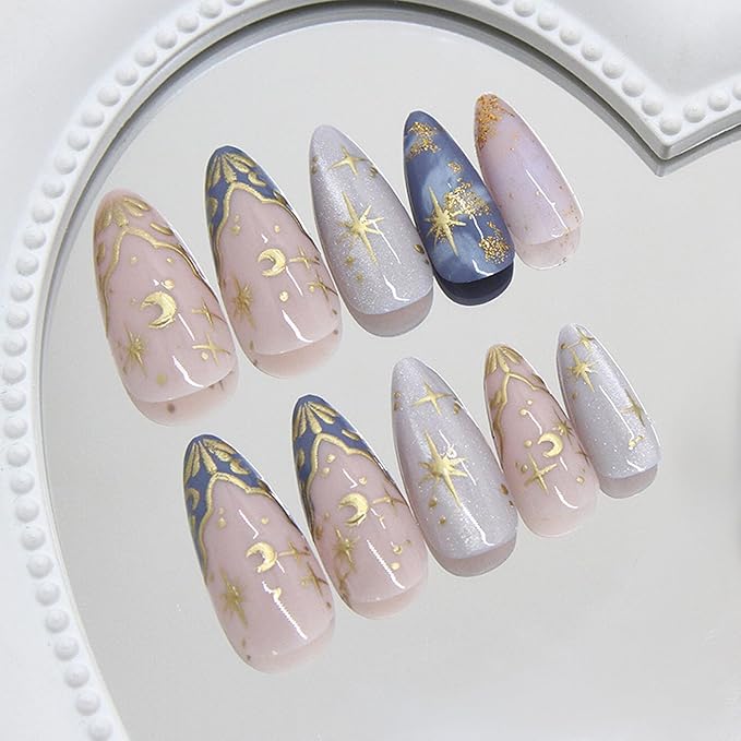 24Pcs Gold French Tips Press on Nails Medium Almond Fake Nails with Star Moon Designs Glue on Nails Cute Acrylic Nails Marble French False Nails Bohemian Style Stick on Nails for Women Daily Wear
