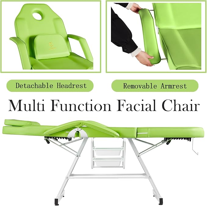 Facial Chair Tattoo Chair Massage Table 73 Inch Spa Salon Facial Bed Adjustable Spa Bed Professional Facial Beauty Spa Salon Equipment with Spa Stool Green