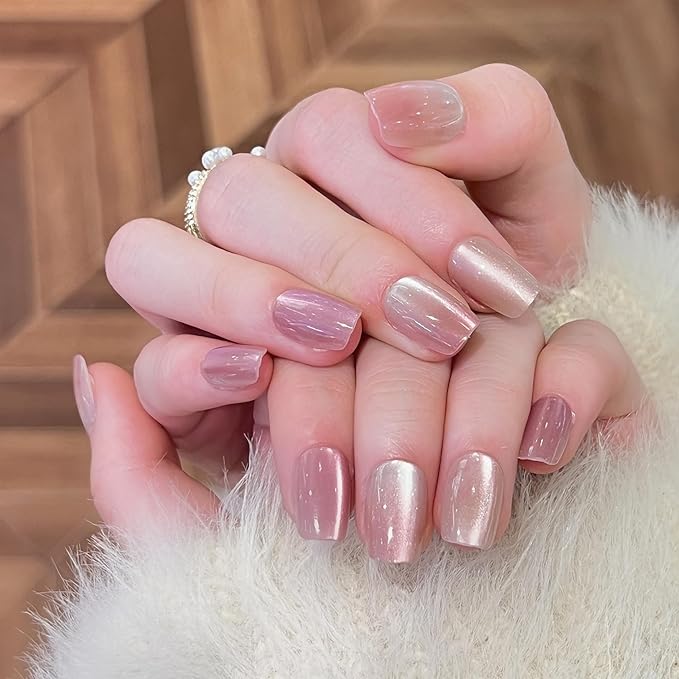 Nude Pink Glossy Press On Nails Short Square - 10PCS Fake Nails with Nail Kit, Reusable Stick On Nails with Glue Tabs for Women Girls, Natural Look Artificial Nails for Daily Wear