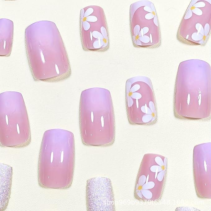 Square Medium French Flower Acrylic Glitter False Nails Kit - 24 Pcs with Designs, Gradation, Press Ons, Glue & Stick Ons