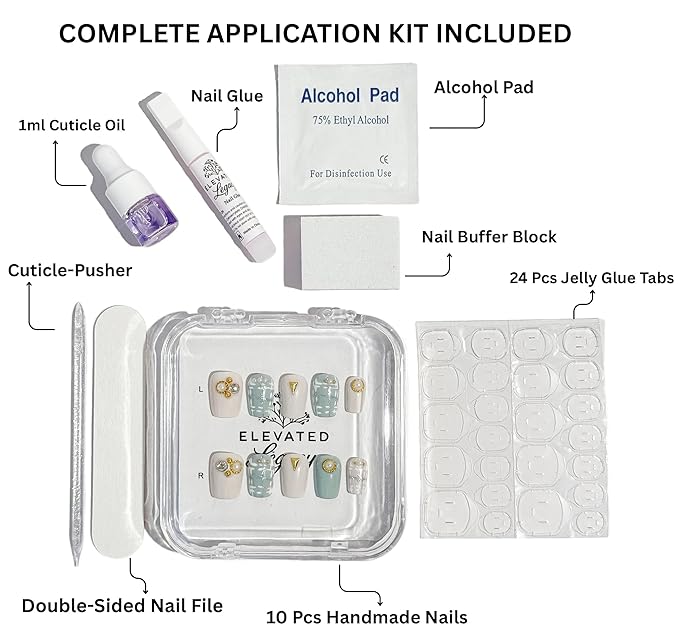 Large-Frosted Mint Charm Fake Nails Press-On Manicure Kit for Women | French Tip 10 Nails | Nail Glue, Dual Nail File, Cuticle Stick, Buffer Block | Measure Before Ordering