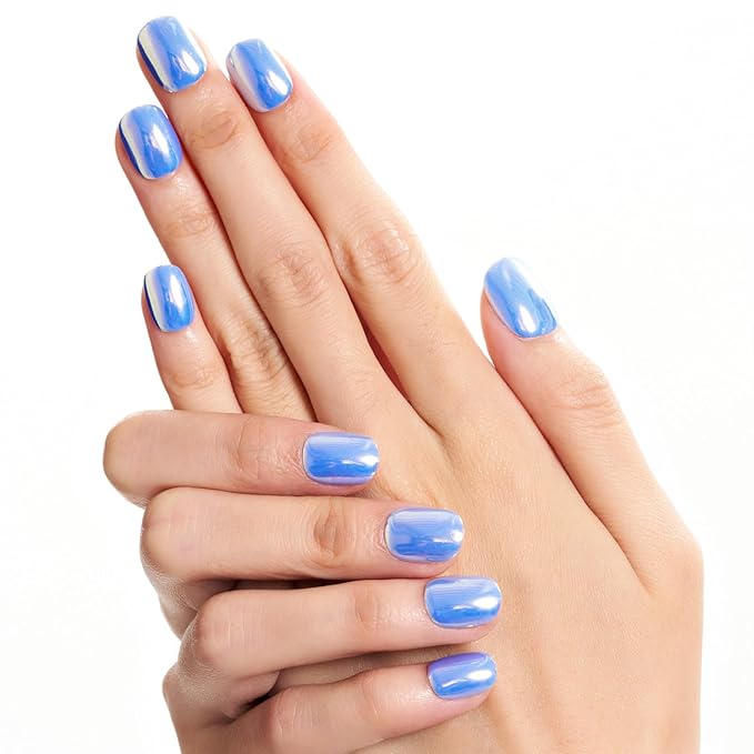 GLAMERMAID Extra Short Press on Nails 24PCS, Handmade Lake Blue Chrome Fall Gel Glue on Nails, Glossy Round Reusable UV Finish Fake Nails Acrylic False Nails Manicure Kits for Women