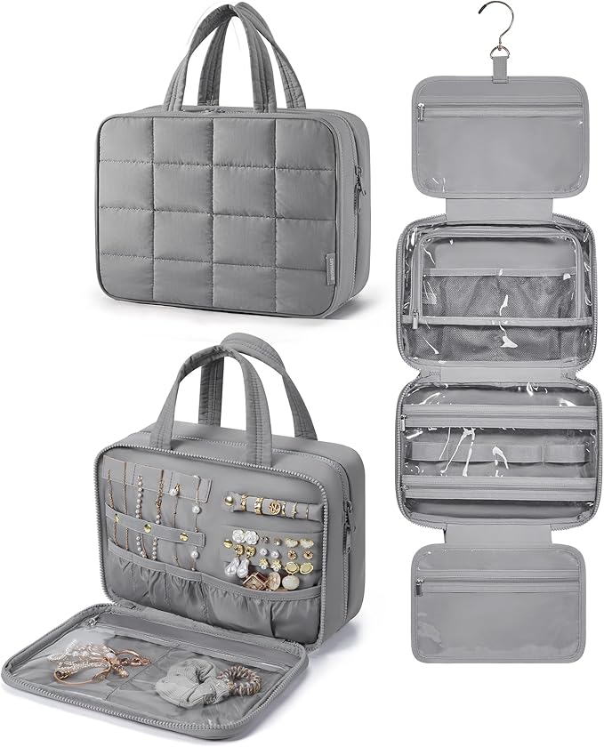 BAGSMART Travel Toiletry Bag with Jewelry Organizer, Hanging Travel Bag for Toiletries, Puffy Makeup Cosmetic Bag Organizer, Carry-on Travel Accessories Essentials, Grey-L