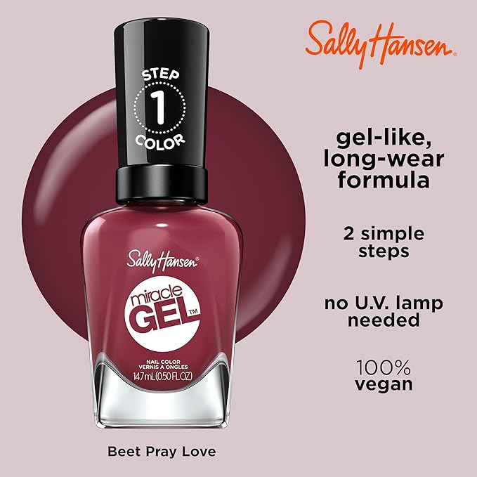 Sally Hansen Miracle Gel, Beet, Pray, Love, Long Lasting, Gel-Like Formula, No UV Lamp Needed, Opaque, Shiny Red Nail Polish