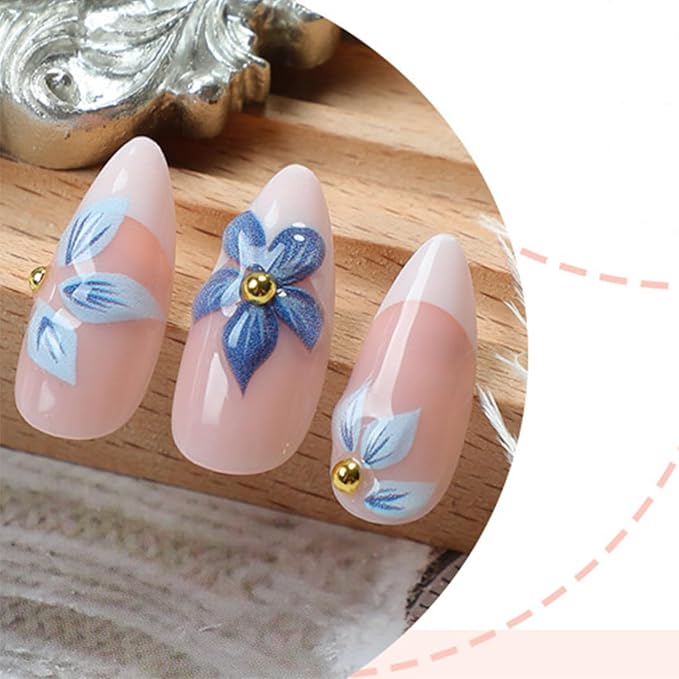 24pcs White French Tip Press on Nails Medium Almond Fake Nails with 3D Flower Gold Beads Designs Blue Floral Glue on Nails Summer False Nails Kit Acrylic Nail Tips Full Cover Stick on Nails For Women