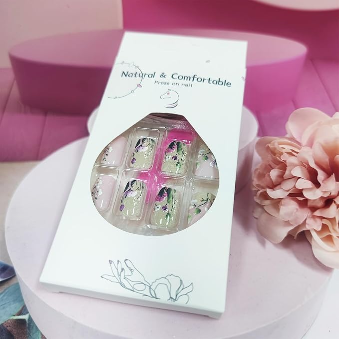 Spring Flower Press on Nails Short Square Acrylic False Nails Green Leaves Stick on Nails 24Pcs Glossy French Tips Fake Nails Colorful Flowers Gel Glue on Nails for Coquette Women Girls