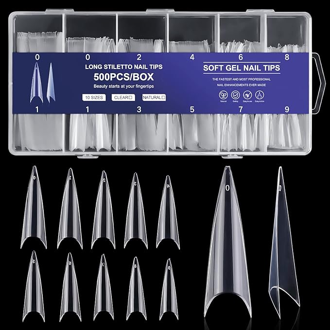 krofaue Extra Long Stiletto Nail Tips - 500PCS False Clear Nais with 10 Sizes Half Cover Pointed Press On Artificial Acrylic for Salon DIY, XL