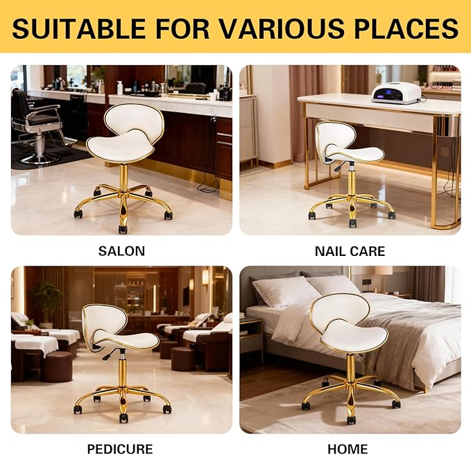 Adjustable Nail Tech Chair Rolling Stool with Backrest, Salon, Lash, Nail Tech and Hair Stylist, Massage Tattoo Facial Stool with Wheels-White