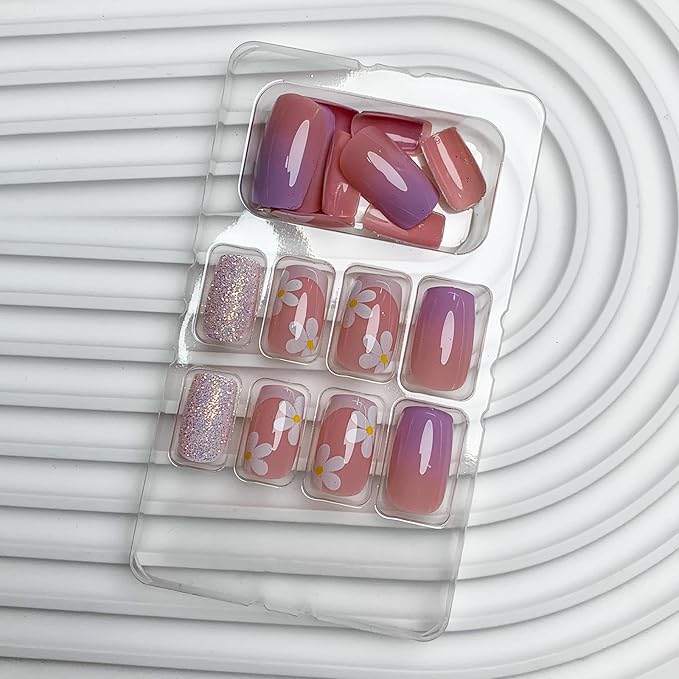 Square Medium French Flower Acrylic Glitter False Nails Kit - 24 Pcs with Designs, Gradation, Press Ons, Glue & Stick Ons