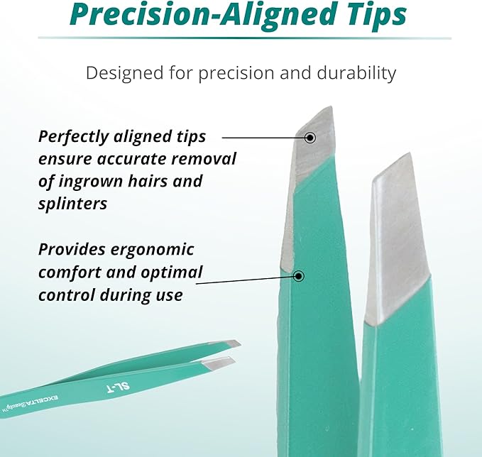 Excelta Eyebrow Tweezers, Precision Aligned Slant Tip, Ergonomic Design for Comfort and Control, Ideal for Plucking Ingrown Hairs and Splinters From the Root, Durable & Sturdy Carbon Steel, Swiss Made
