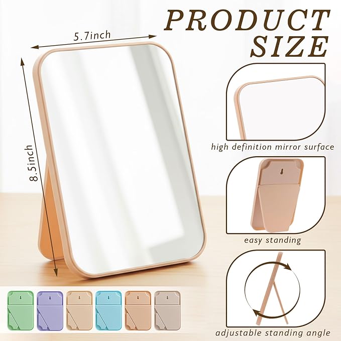 24 Pack Desktop Foldable Makeup Mirror Bulk 8 x 5.3 Inch Vanity Table Mirror with Stand, 90° Adjustable Portable Folding Travel for Spa Party, Women, Cosmetics Personal Beauty, 6 Color