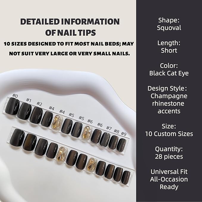 Black Cat Eye Short Squoval Press-On Nails – 28pcs with Champagne Rhinestone Accents, Soft Fit Back, Durable Front Edge, Reusable Full Cover Fake Nails for Daily, Party, Wedding