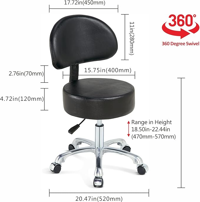 Black Lift Swivel Rolling Stool Round Chair,Thick Sturdy Padding,Adjustable Stool with Wheels for Doctor,Medical,Massage Salon,Office,Shop(with Back, Black)