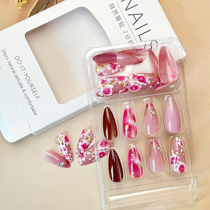 24Pcs Cherry Blossom Press on Nails Medium Almond French Tip Fake Nails with Gilding Pearl Design Pink Flower False Nails Full Cover Artificial Glue on Nails Cute Stick on Nails for Women Spring Nail