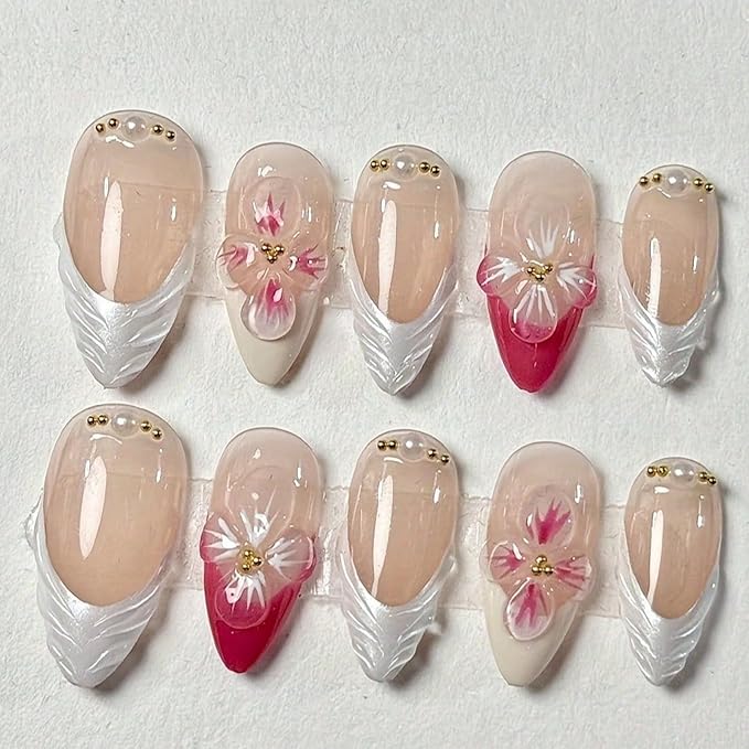 3D Flower Press on Nails Almond Medium Fake Nails M Size Pink White French Tip Glue on Nails with Gold Gems Designs Full Cover False Nails Summer Acrylic Stick on Nails for Women Girls Manicure 10Psc