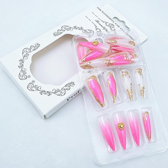 24pcs Pink Press on Nails Long Almond Fake Nails with 3D Gold Line Heart Designs Water Drop Glue on Nails Gradient False Nails French Acrylic Nails Full Cover Glossy Stick On Nails for Women