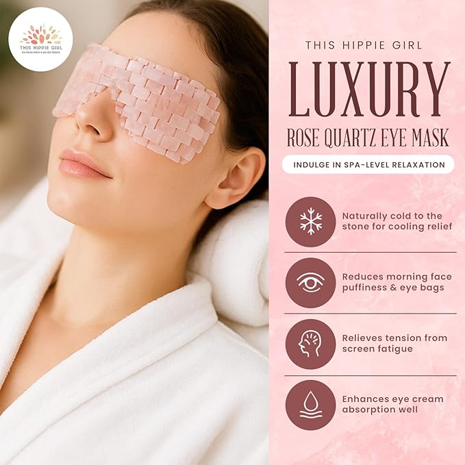 Rose Quartz Eye Mask by This Hippie Girl, Handcrafted Crystal Cut, Depuff for Puffy Eyes, Relieve Stress, The Cold-to-The-Touch Rose Quartz is Weighted for Comfort, Eye Mask for Facial