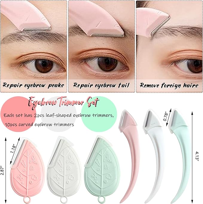 ONEUPIN 12PCS Eyebrow Trimmer Set Stainless Steel Leaves Curved Eyebrow Razor Trimmer Facial Shaver Razor Brow Shaper Suitable for Any Skin Type Hair Removal Accessories for Men Women（Pink）
