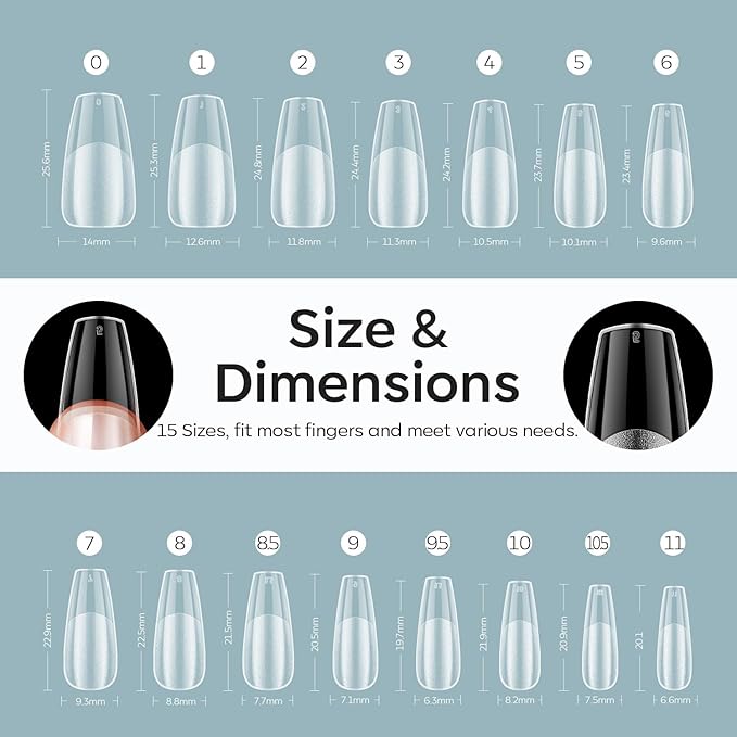 Modelones Medium Coffin Fake Nail Tips - 510Pcs Gel Tips Pre-shaped Half Matte Full Cover Clear Acrylic Gel Kit False Press on Nails for Extension DIY Salon 15Sizes
