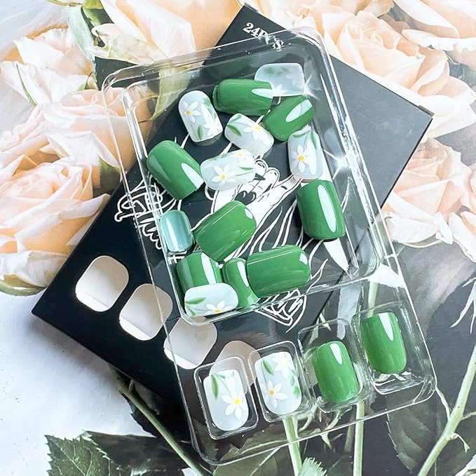 24Pcs Green Press on Nails Short Square Shape White Flower Fake Nails with Designs Reusable Spring Acrylic Nails Press On Solid Color Artificial Nails Cute Floral Stick on Nails for Women Nail Kit