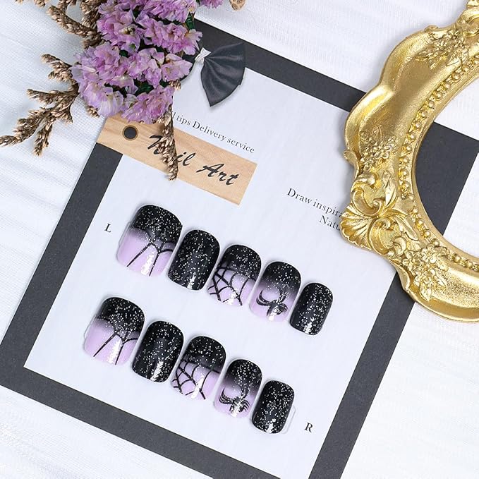 24Pcs Halloween Press on Nails Short Square Fake Nails Spider Press ons Glitter Black Gradient Acrylic Nails Halloween False Nails Spider Web Glue on Nails Spider Nails Holiday Goth Artificial Nails