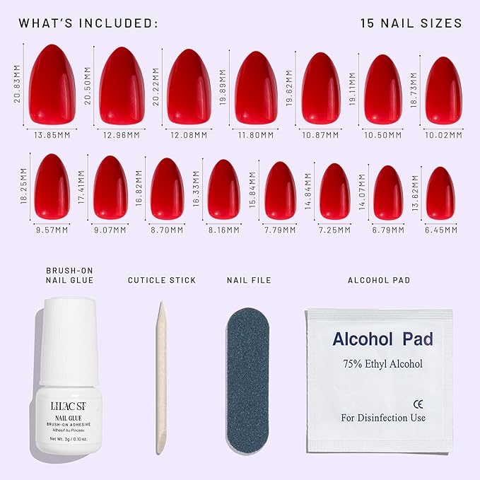 Lilac St - Press on Nails, Slow Burn (30 Nails, 15 Sizes) - Medium, Almond, Glossy, Opaque - Brush-On Nail Glue, Nail File, Cuticle Stick, Prep Pad - Cruelty Free, Vegan, Women Founded