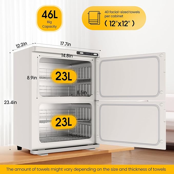 Hot Towel Warmer SalonDepot 46L Large Capacity Spa Towel Warmer with Double Cabinets for Salon, Barber Shop, Massage & Facial (White)