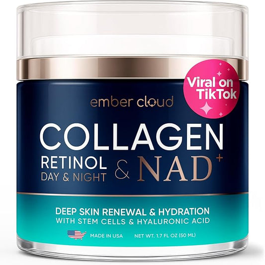 Collagen NAD+ Cream for Face Retinol Hyaluronic Acid Niacinamide for All Skin Types - Anti-Aging Face Moisturizer with Airless Pump - Day & Night Cream for Wrinkles - Made in USA 1.7 Oz