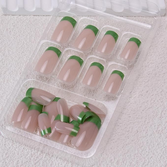 French Tip Press on Nails Medium Square Fake Nails Green Acrylic Nails St. Patrick’s False Nails Glossy Glue on Nails Stick on Nails Spring Artificial Nails for Women Girls Manicure 24Pcs