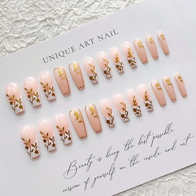 Hkanlre Nude Press on Nails French Nude Long Leaf Fake Nails Tips Full Cover Coffin False Nails for Women and Girls 24PCS