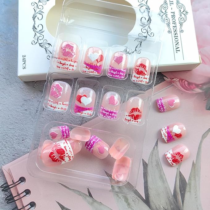 24Pcs Valentines Press on Nails Short Square Fake Nails French Tip Press ons with Sexy Lip Design Glossy Glue on Nails Love Heart False Nails Romantic Acrylic Artificial Nails for Women Manicure