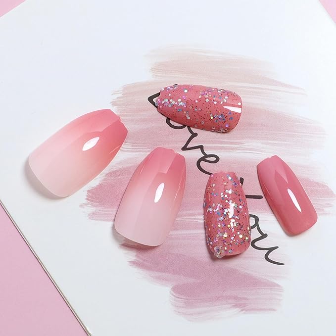 Red Gradient Acrylic Press on Nails Short Coffin False Nails with Glitter Sequins Designs Red Full Cover Stick on Nails Artificial Short Ballerina Fake Nails for Girls & Women 24 Pcs