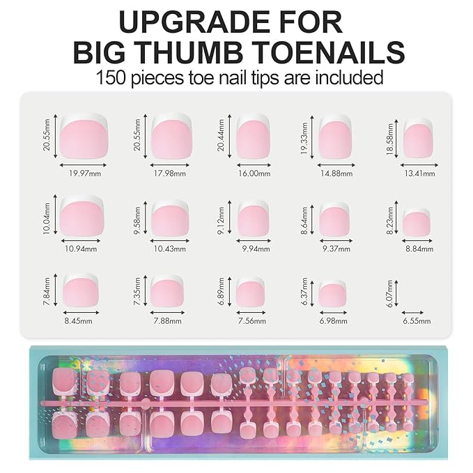 Vansiho Press on Toenails Short, Pink White French Tips Toenail Press on Square for Women, Soft Gel Fake Toe Nails, Acrylic Nails Soak off Toe Nail Home DIY 15 Sizes