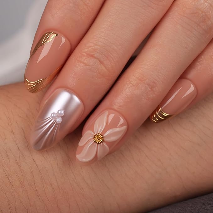 Short Press On Nails Almond – 3D Floral & Pearl Accent Nude Pink Fake Nails, 30Pcs Reusable Acrylic Stick On Nails with Gold Details, Glossy Soft Gel Look, DIY Manicure Kit for Women
