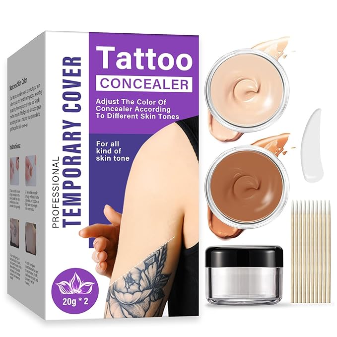 Tattoo Cover Up Makeup Waterproof, Sweatproof Tattoo Cover Up Concealer, Long-Lasting for Tattoos, Vitiligo, Spots, Scars, Invisible Skin Concealer, 2 Colors