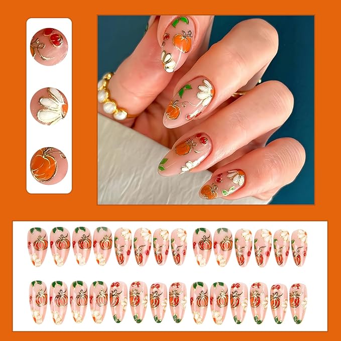 24Pcs Fall Press on Nails Medium Almond Thanksgiving Fake Nails Autumn Gilded Pumpkin Daisy Full Cover Fall Leaves False Nails Reusable Autumn Acrylic Nail Glue on Nail for Women Nail Decoration