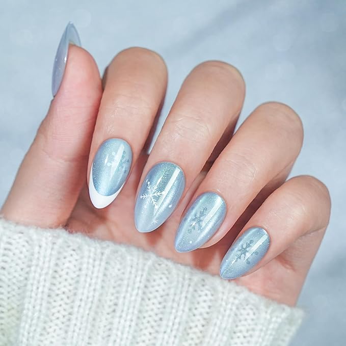Christmas Press On Nails Almond - Jofay Fashion Blue Aurora Cat Eye Snowflake Press On Nails, Acrylic Fake Nails with Glue, Reusable Soft Gel Glue On Nails for Women 32Pcs in 16 Sizes