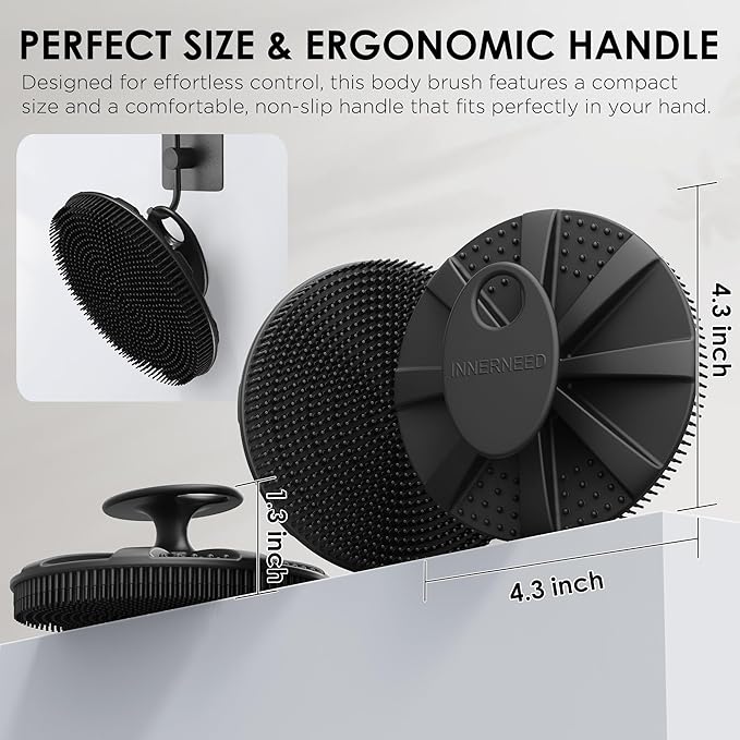 INNERNEED Food-Grade Soft Silicone Body Scrubber Shower Brush Handheld Cleansing Skin Brush, with Exfoliating Net Sponge Case (Black Brush)