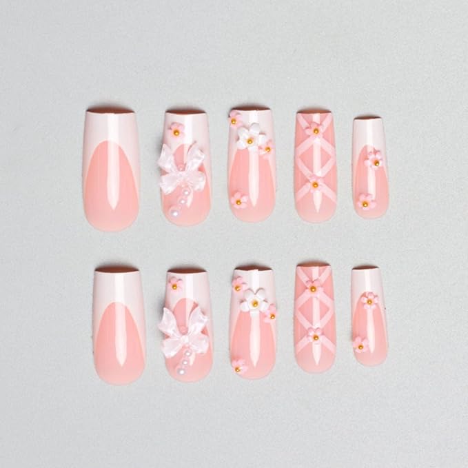 Long Press on Nails Square Plastic False Nails 24Pcs Glossy Extre Long Glue on Nails for Girls and Women with Lines 3D Bow Flower Design Pearl White French Tip Nails