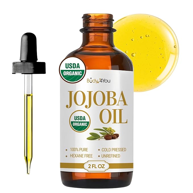 BodyJ4You Organic Jojoba Oil for Skin - USDA Organic 100% Pure Natural - Face Skin Gua Sha Facial Dermaplaning Hair Scalp Massage - Unrefined Cold Pressed Hexane Free - Base Carrier Wax - 2 Fl Oz