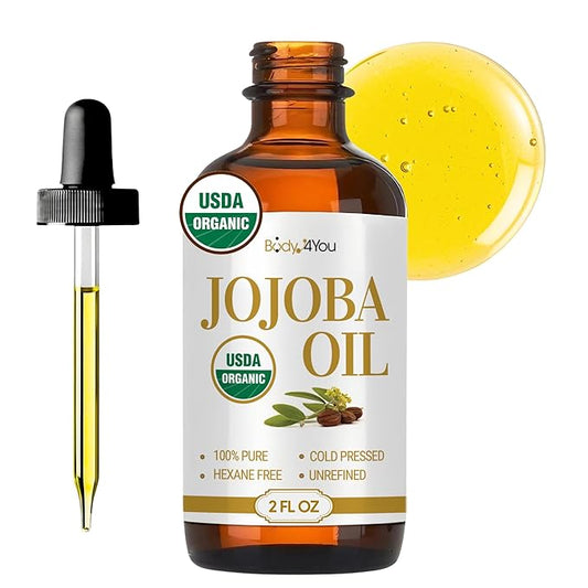BodyJ4You Organic Jojoba Oil for Skin - USDA Organic 100% Pure Natural - Face Skin Gua Sha Facial Dermaplaning Hair Scalp Massage - Unrefined Cold Pressed Hexane Free - Base Carrier Wax - 2 Fl Oz