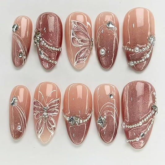 30Pcs Brown Press on Nails Medium Almond Fake Nails with Pearl Rhinestones Designs Butterfly Acrylic Nails Glitter Glue on Nails Full Cover Fall False Nails French Tip Stick on Nails for Women