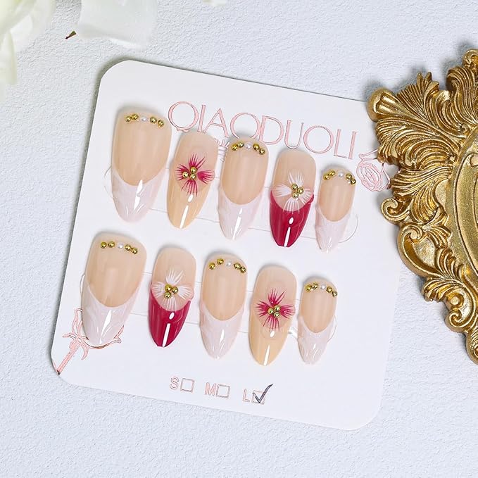 3D Flower Press on Nails Almond Medium Fake Nails M Size Pink White French Tip Glue on Nails with Gold Gems Designs Full Cover False Nails Summer Acrylic Stick on Nails for Women Girls Manicure 10Psc