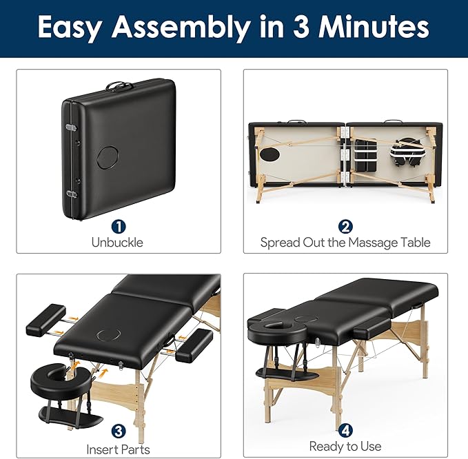 Brelley Massage Table Portable Wooden Lash Bed 24" Wide Adjustable Height 2-Fold Spa Table Foldable Tattoo Bed (Black)