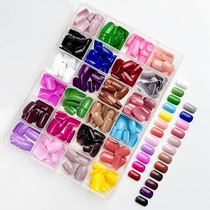 576 Pcs Short Square Press On Nails, 24 Colors, Full Cover False Nails, Glossy Acrylic, Glue On Nails for Women Manicure